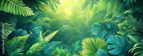Fototapeta Illustration of vibrant green fern plants filling the background, creating a lush, natural setting that enhances the richness and diversity of surrounding flora