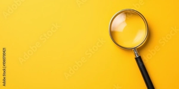 Fototapeta Magnifying glass on a vibrant yellow background, ideal for focus and clarity themes.