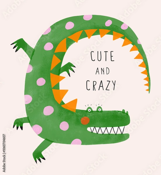 Fototapeta Happy Alligator With Light Pink Polka Dots Doing Somersaults. Cute And Crazy. Funny Hand Drawn Crocodile on a Light Beige Background. Happy Croc Doing Tricks. Nursery Vector Art with Lovely Dino. 