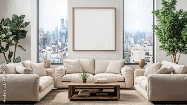 Fototapeta A modern living room with a large window overlooking a city skyline. The room is decorated in a neutral color palette with a beige sofa and a wooden coffee table.