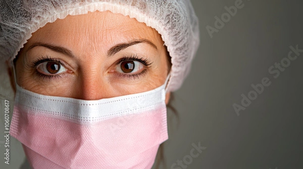 Obraz healthcare professional wearing pink mask and cap, focused and determined. image conveys sense of dedication and care in medical field