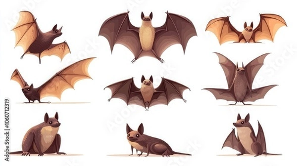 Obraz A collection of cute cartoon bats in various poses, from flying to resting, showcasing their adorable features.