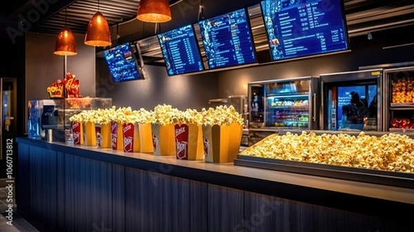 Obraz A concession stand at a movie theater with rows of popcorn in yellow and red containers.