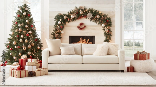 Fototapeta Christmas living room scene with a soft off-white sofa. In the background, a warmly lit Christmas tree glows, decorated with red, gold, and pastel ornaments.