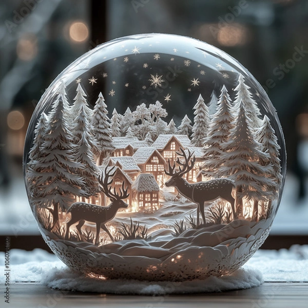 Obraz Magical paper-cut diorama of a cozy village in a glass globe, illuminated by warm lights, with deer, snow-covered pine trees, and snowflakes under a starlit sky. Holiday charm, winter wonderland. 