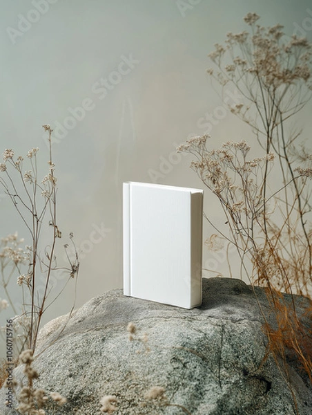 Obraz Blank white book standing on rock with dry plants