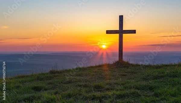 Fototapeta Resurrection of Jesus Christ at sunrise with an empty tomb and shroud beside a cross