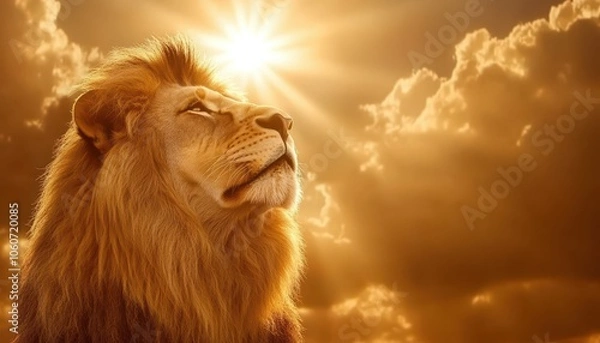 Fototapeta Majestic lion of Judah gazes at sunset, embodying strength and power