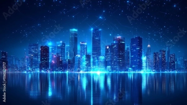 Fototapeta Cityscape background with blue neon lights for a futuristic feel.

