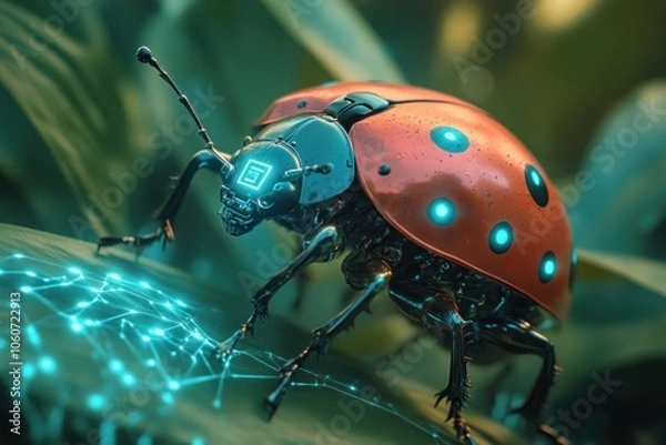 Fototapeta A Cyborg Ladybug with Glowing Lights and a Network Pattern