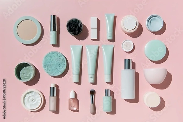 Obraz Flat Lay of Stylish Cosmetic Products on Pink Background