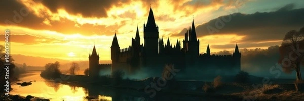 Fototapeta Ethereal island silhouette, tranquil lake reflection, golden sunset sky, dramatic clouds, panoramic landscape, serene atmosphere, towering spires, dreamlike scenery, fantasy realm, mystical horizon, c