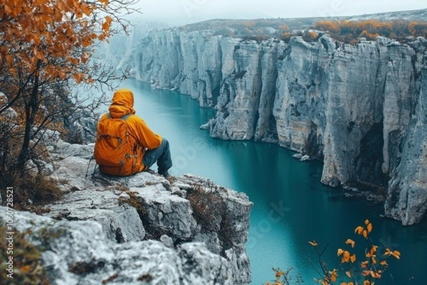 Fototapeta A lone hiker perched on a cliff overlooking a vast canyon with a flowing river