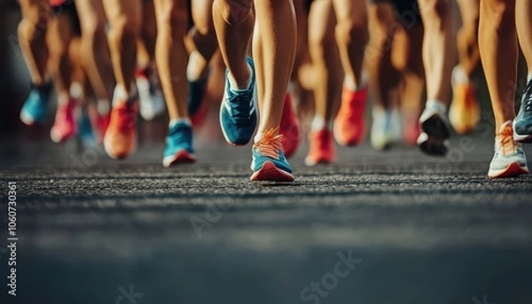 Fototapeta High school cross country runners compete in a race meet on a sunny day