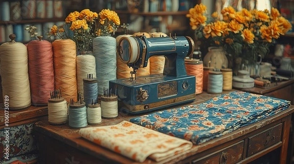 Fototapeta Vintage Sewing Machine and Colorful Threads Display