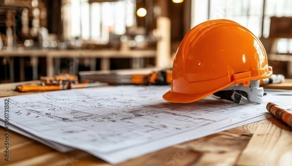 Fototapeta Engineer reviewing blueprints at a construction site for a real estate project