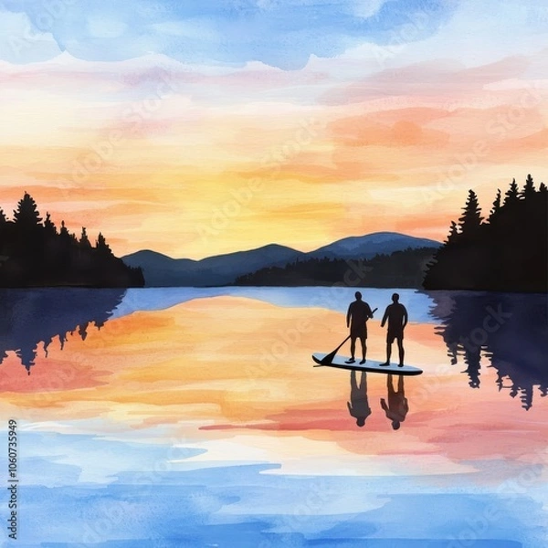 Fototapeta Silhouette of two people paddleboarding at sunset on a tranquil lake.