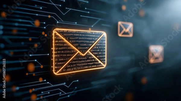 Fototapeta Glowing digital mail icon representing email encryption and communication. image features illuminated envelopes against dark, tech inspired background