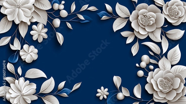 Fototapeta Elegant hand drawn white floral pattern on navy blue background, featuring intricate flowers and leaves, creating serene and sophisticated atmosphere