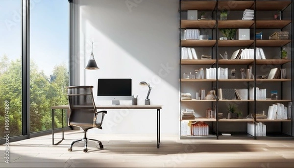 Fototapeta A modern office interior featuring a desk with a computer, bookshelves filled with books, and a large window. Bright and clean look. Concept of workspace. 3D Rendering