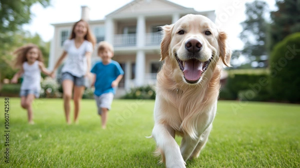 Fototapeta golden retriever dog joyfully running towards camera with children and woman in background, showcasing lively family moment in green yard