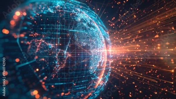 Fototapeta Futuristic visualization of planet earth rotating in space with light trails and data streams flowing, representing global communication and advanced technology