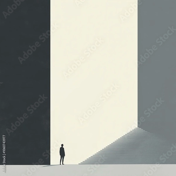 Fototapeta Person standing by abstract light and shadow wall