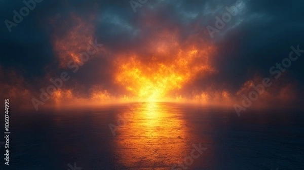 Fototapeta A fiery sun is setting over a calm ocean
