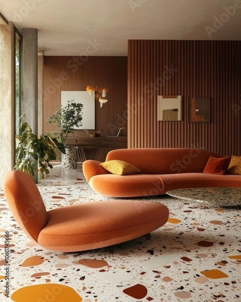 Obraz Modern Living Room Interior Design with Terrazzo Floor and Orange Sofa