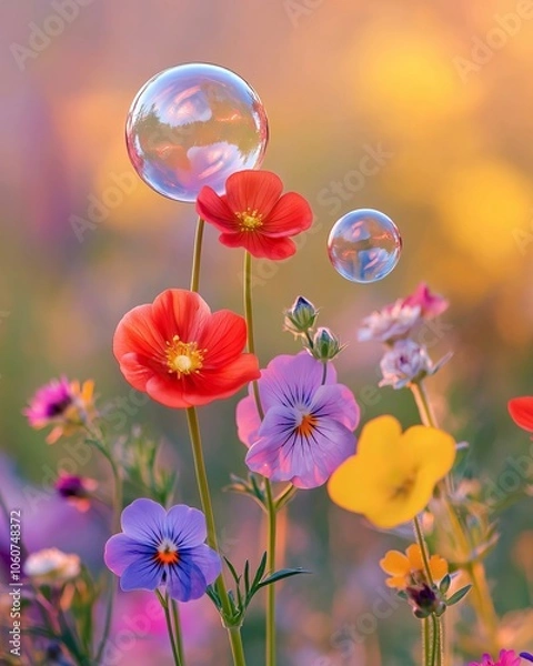 Obraz Vibrant blooming flowers in a colorful garden with floating bubbles and blurred natural bokeh background at sunset