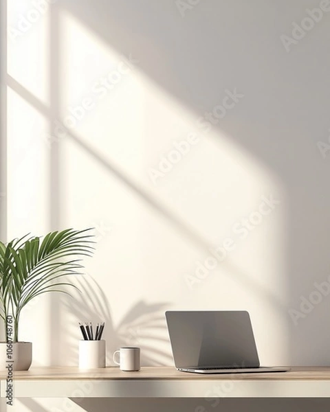 Obraz Minimalist home office desk with laptop, coffee mug, plant, and pencil holder in bright natural light setting