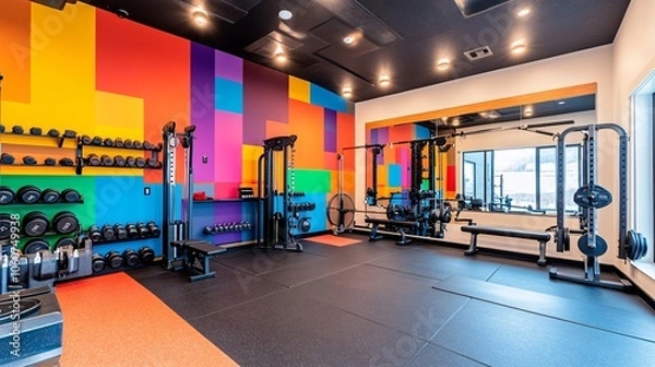 Fototapeta Innovative contemporary gym design features vibrant walls and polished concrete floors for ultimate workout experience