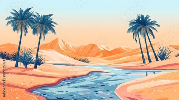Fototapeta A desert oasis with palm trees and water, painted in the style of vintage poster art. The orange sand dunes loom behind it, creating an exotic atmosphere
