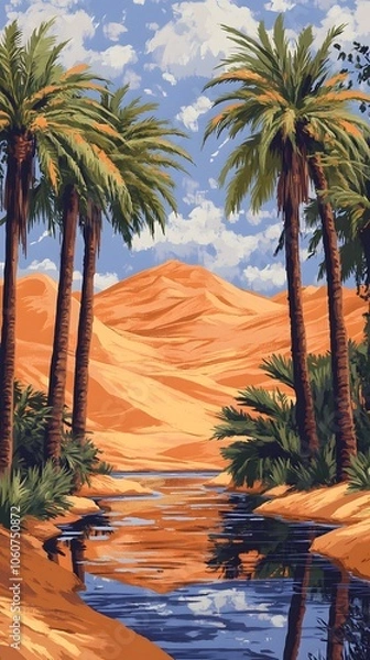 Fototapeta A desert oasis with palm trees and water, painted in the style of vintage poster art. The orange sand dunes loom behind it, creating an exotic atmosphere