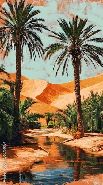 Fototapeta A desert oasis with palm trees and water, painted in the style of vintage poster art. The orange sand dunes loom behind it, creating an exotic atmosphere
