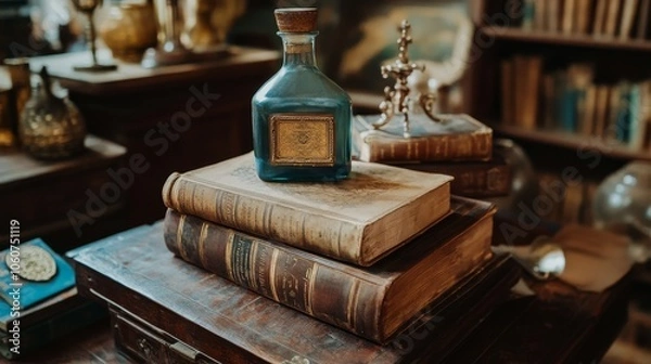 Fototapeta A vintage arrangement of books and a decorative bottle in a cozy library setting.