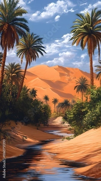 Fototapeta A desert oasis with palm trees and water, painted in the style of vintage poster art. The orange sand dunes loom behind it, creating an exotic atmosphere