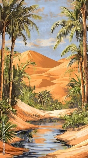 Fototapeta A desert oasis with palm trees and water, painted in the style of vintage poster art. The orange sand dunes loom behind it, creating an exotic atmosphere