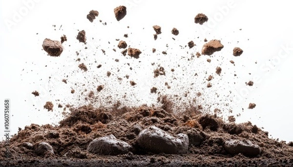Fototapeta Soil pile explosively scattering dirt and rocks against a white background