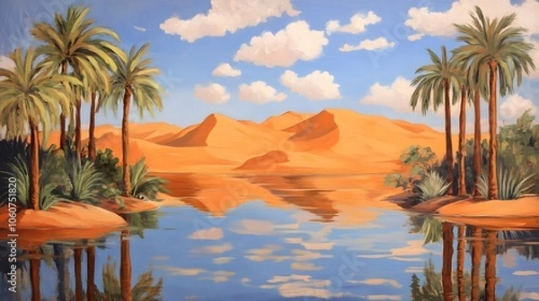 Fototapeta A desert oasis with palm trees and water, painted in the style of vintage poster art. The orange sand dunes loom behind it, creating an exotic atmosphere