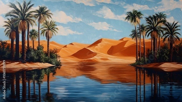 Fototapeta A desert oasis with palm trees and water, painted in the style of vintage poster art. The orange sand dunes loom behind it, creating an exotic atmosphere