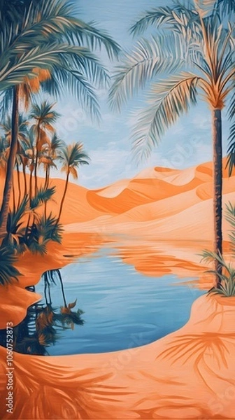 Fototapeta A desert oasis with palm trees and water, painted in the style of vintage poster art. The orange sand dunes loom behind it, creating an exotic atmosphere