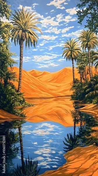 Fototapeta A desert oasis with palm trees and water, painted in the style of vintage poster art. The orange sand dunes loom behind it, creating an exotic atmosphere