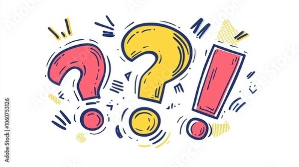 Fototapeta Cartoon-style question marks and exclamation marks in bright colors on a white background