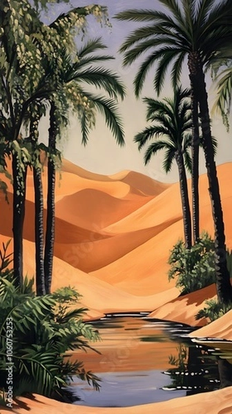 Fototapeta A desert oasis with palm trees and water, painted in the style of vintage poster art. The orange sand dunes loom behind it, creating an exotic atmosphere