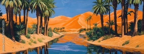 Fototapeta A desert oasis with palm trees and water, painted in the style of vintage poster art. The orange sand dunes loom behind it, creating an exotic atmosphere