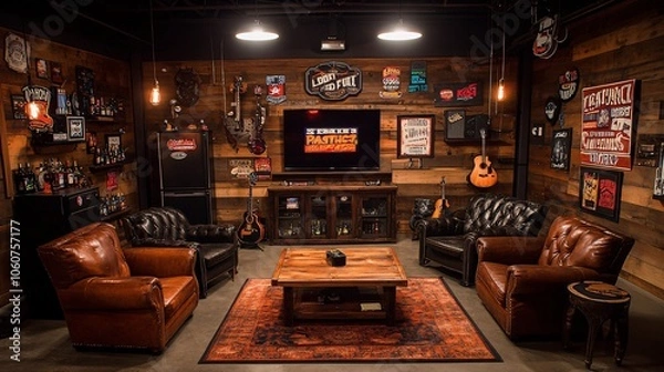 Fototapeta Creating a cozy rustic style garage man cave with reclaimed wood and leather furnishings for ultimate relaxation and entertainment