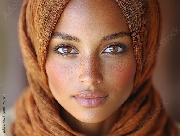Fototapeta Portrait of confident young multiethnic woman wearing orange headscarf. AI generated