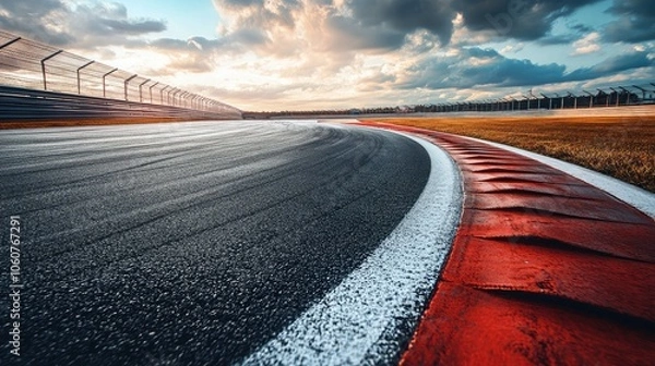Fototapeta Asphalt Race Track with Dynamic Infrastructure in Motion, Ideal for Speed, Racing, and Motorsport Themes, High-Quality Image Capturing the Energy of a Racing Environment for Microstock Use