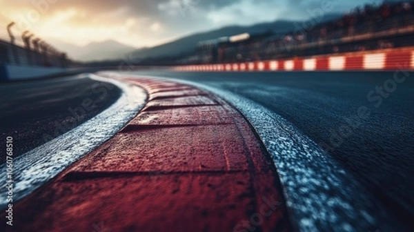 Fototapeta Asphalt Race Track with Dynamic Infrastructure in Motion, Ideal for Speed, Racing, and Motorsport Themes, High-Quality Image Capturing the Energy of a Racing Environment for Microstock Use